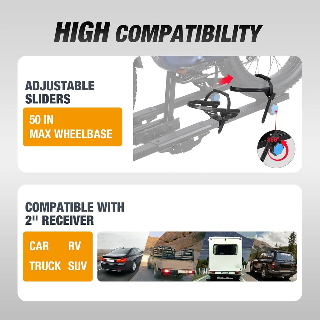 Young Electric Ebike Rack. 200lb Capacity. Alloy Steel Hitch Mount. Fits 5-Inch Fat Tire Bikes. 2-Inch Receiver