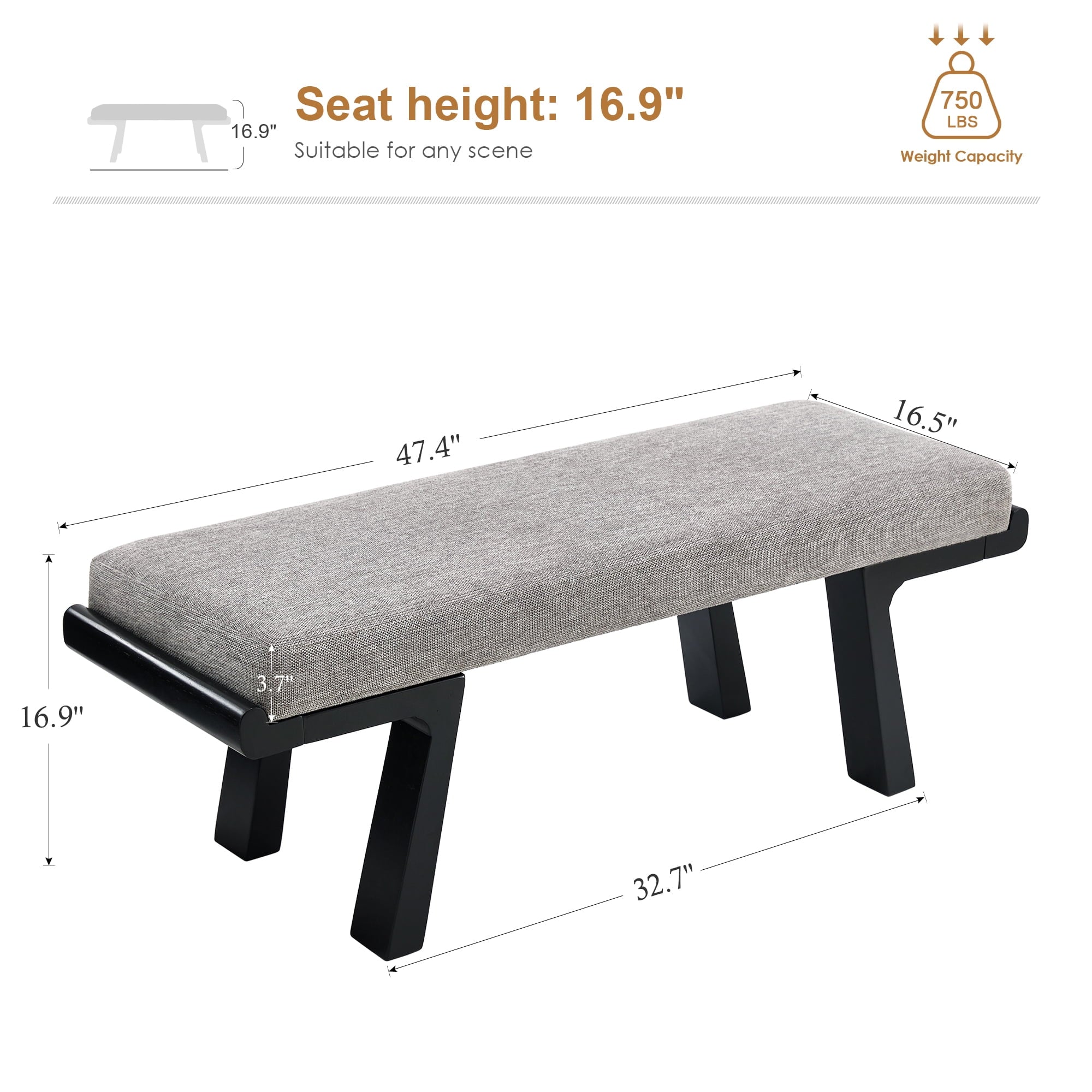 Zesthouse 47.4 Linen Upholstered Bench. Entryway Bench with Solid Wood Legs. Modern Ottoman Bench for Living Bedroom Room. Beige