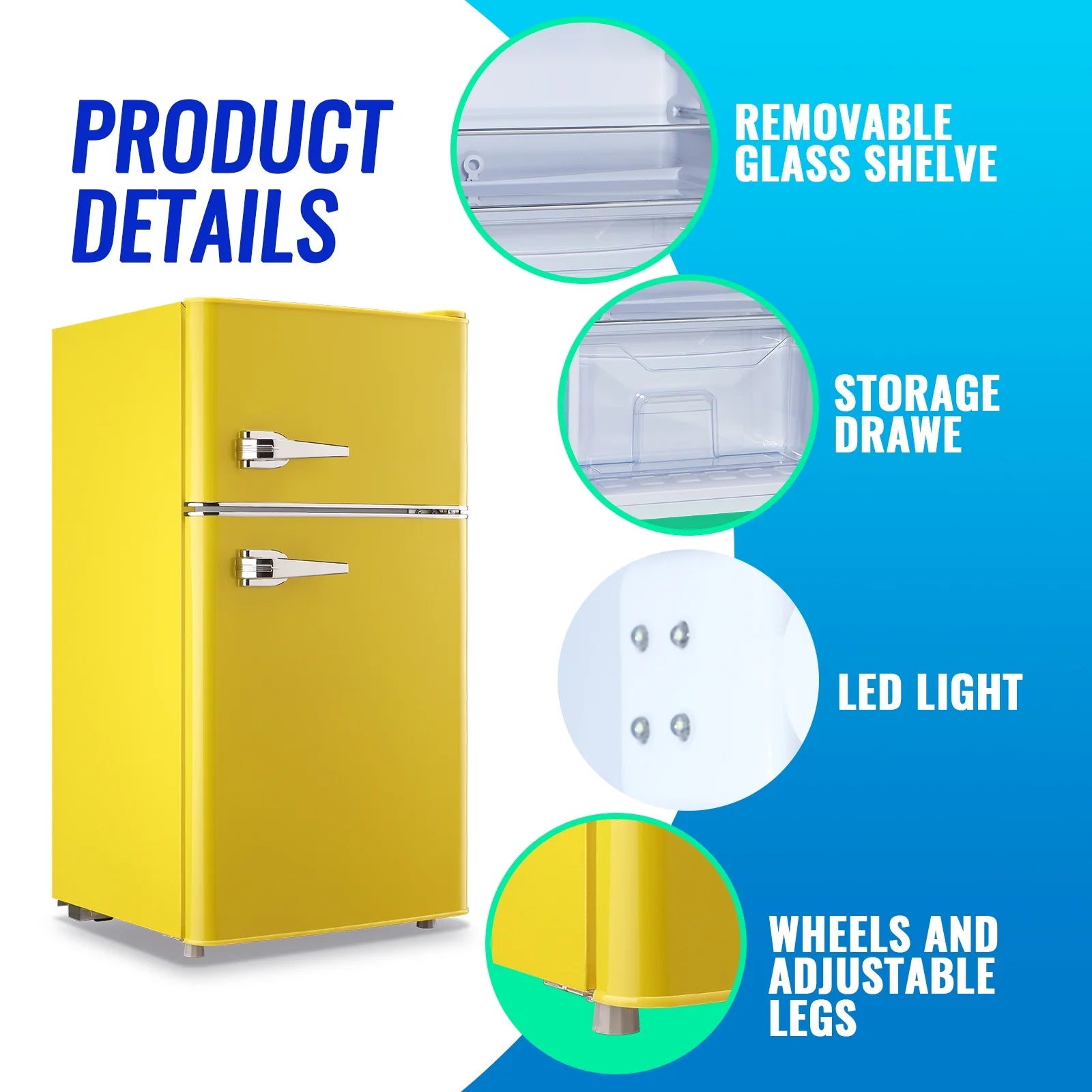 Tacool 3.5 Cu.ft Retro Mini Fridge with Freezer. 2 Door Small Refrigerator with 7 Adjustable Thermostat for Home. Blue