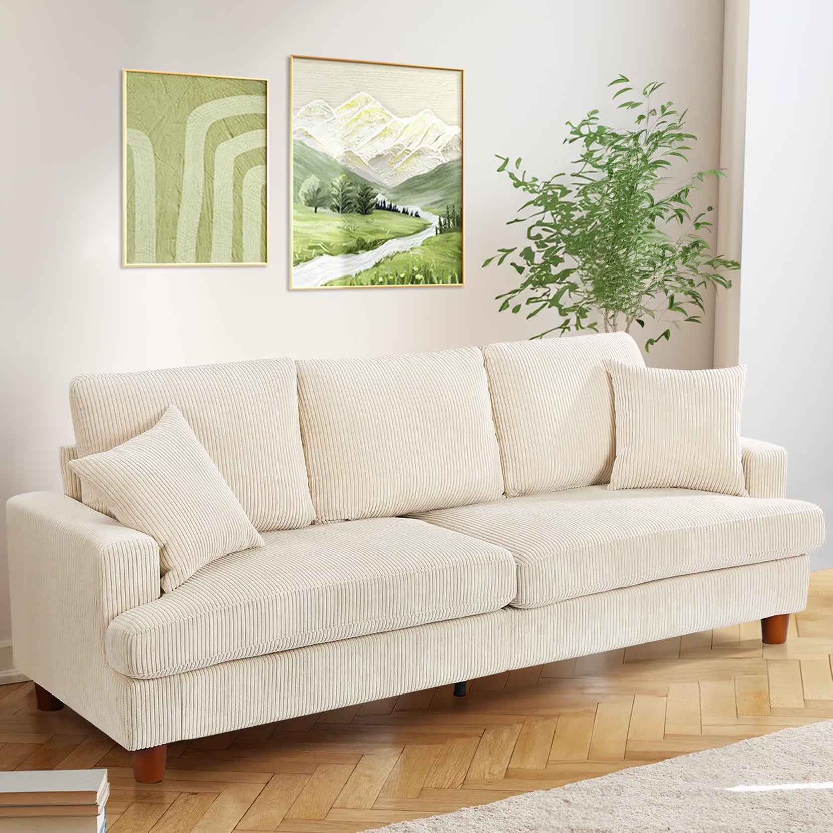 87 Corduroy Sofa.3 Seater Sofa with Extra Deep Seats.Neche Comfy Upholstered Couch for Living Room.2 Pillows.Green
