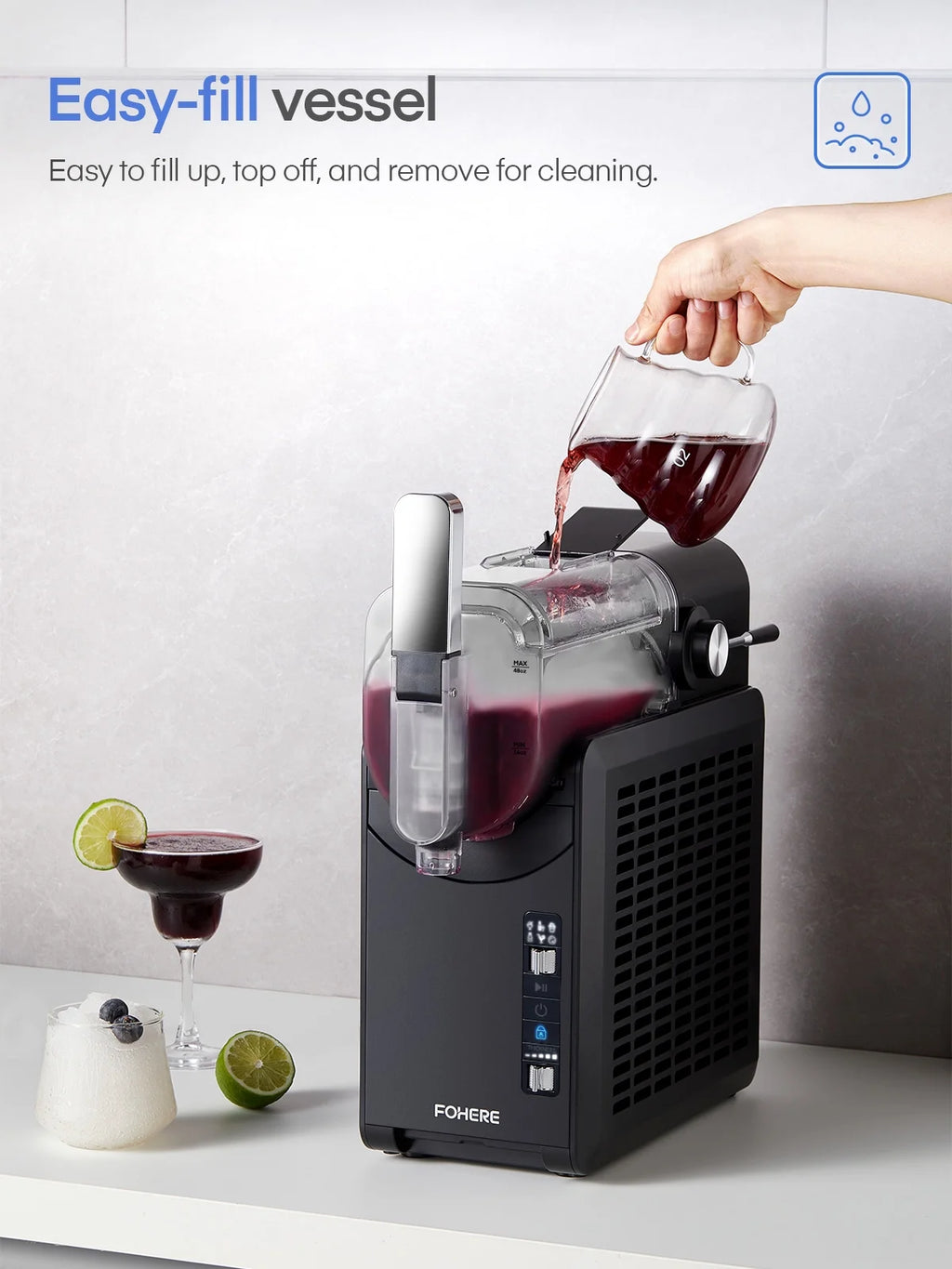 5-in-1 Slushie Machine. No Ice Needed. 15 Min Slushy Machine for Home with Self-Cleaning. Professional Frozen Drink Maker. 5 Preset Programs. Frozen Margaritas. Frapp��s. Milkshakes. and More. FOHERE