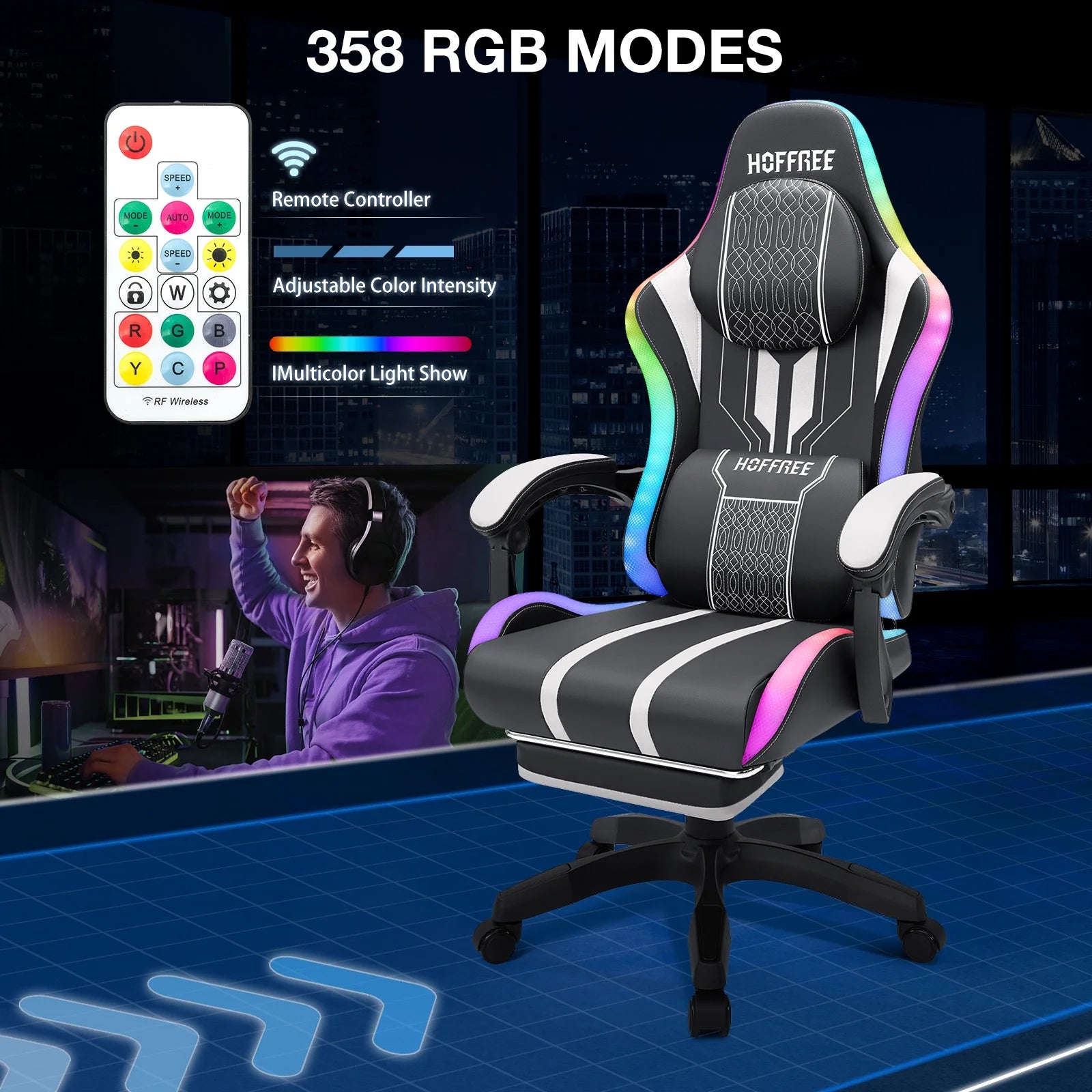 HOFFREE Big and Tall Gaming Chair with Speakers and RGB Lights. Gamer Chair with Footrest. Lumbar Support Height Adjustable 360-Swivel Seat and Headrest for Adults. 400lbs