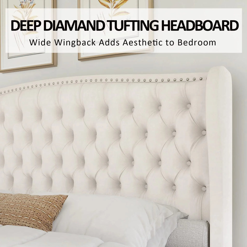 VANACC Queen Size Bed Frame. Velvet Upholstered Bed with Deep Button Tufted Wingback Headboard��Grey