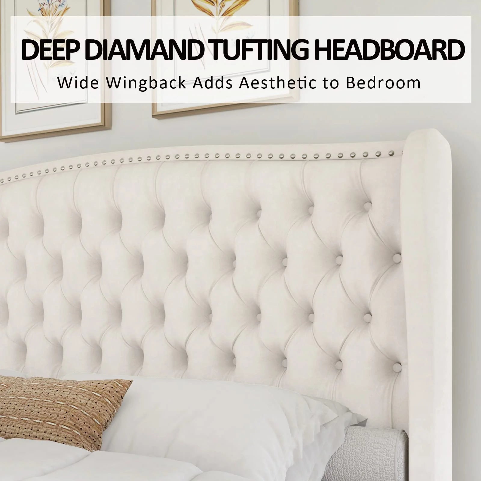 VANACC Queen Size Bed Frame. Velvet Upholstered Bed with Deep Button Tufted Wingback Headboard��Grey