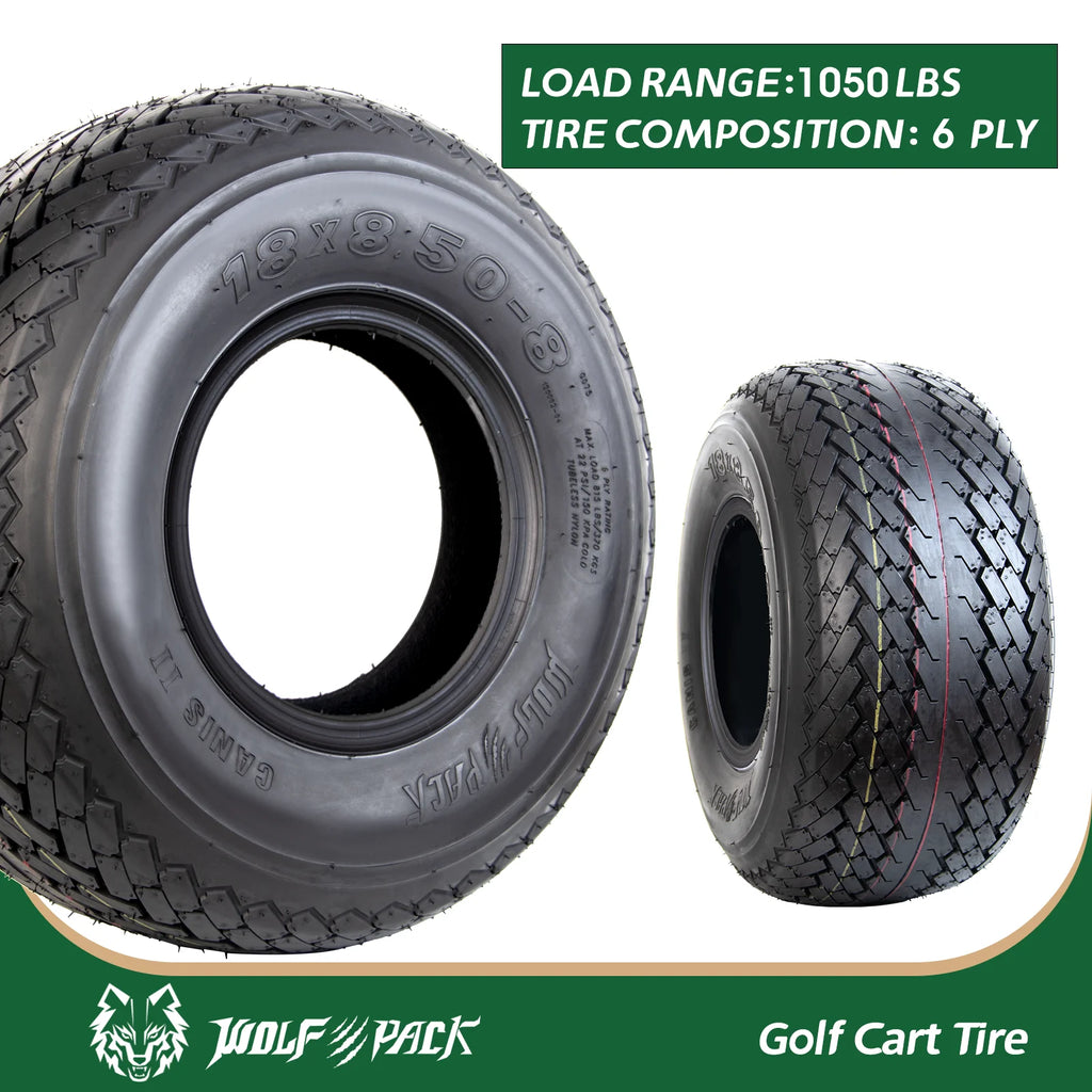 Set 4 WOLF PACK 18X8.5-8 6PR Golf Cart Tires Non-Directional Tubeless Tire Multi-Terrain Tire with Superior Traction and Mud-Resistant Self-Cleaning Tread Design for Long-Lasting Performance