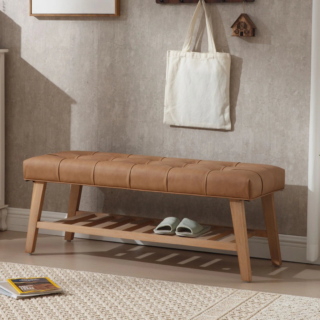 Dayalane Upholstered Storage Bench with Shoe Rack.Linen Fabric Entryway Bench for Living Room. Bedroom and Hallway. Multi Functional Ottoman with Solid Wood Shelf. Beige