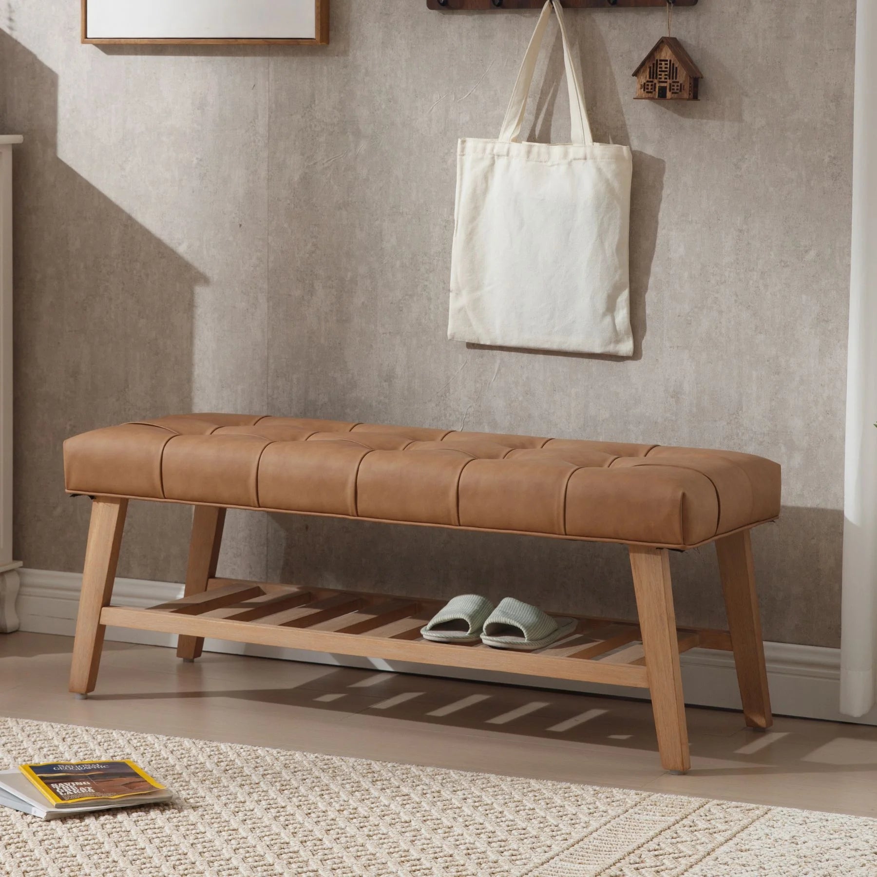 Dayalane Upholstered Storage Bench with Shoe Rack.Linen Fabric Entryway Bench for Living Room. Bedroom and Hallway. Multi Functional Ottoman with Solid Wood Shelf. Beige