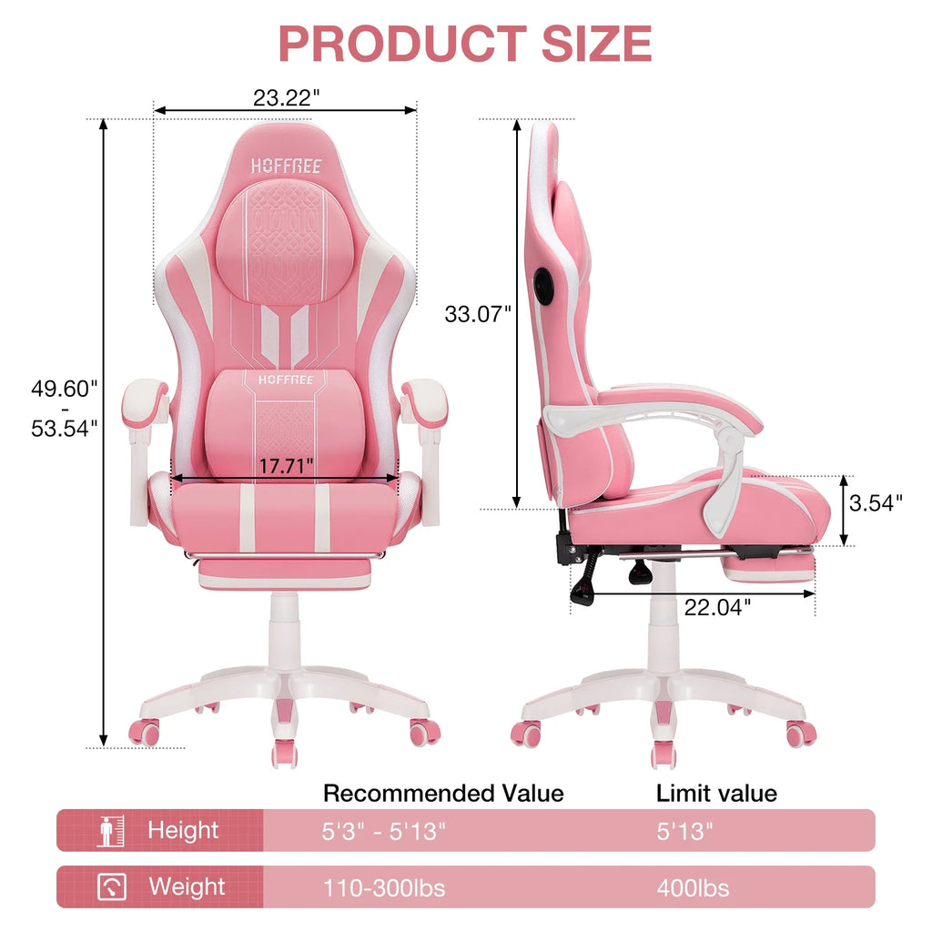 HOFFREE Big and Tall Gaming Chair with Speakers and RGB Lights. Gamer Chair with Footrest. Lumbar Support Height Adjustable 360-Swivel Seat and Headrest for Adults. 400lbs