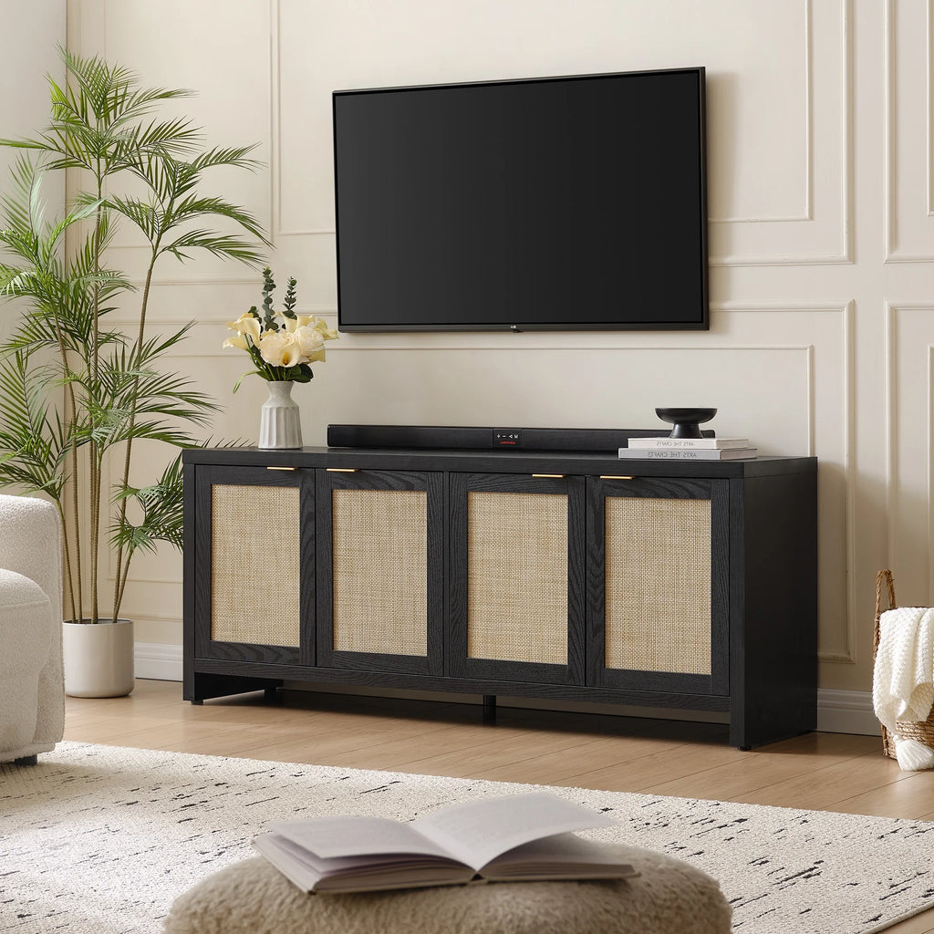 SICOTAS 61.5W Rattan TV Stand with 4 Doors. Boho Entertainment Center with Adjustable Shelves & Spacious Countertop �C Large Boho Farmhouse Media Console for Living Room. Reclaimed Caramel Oak
