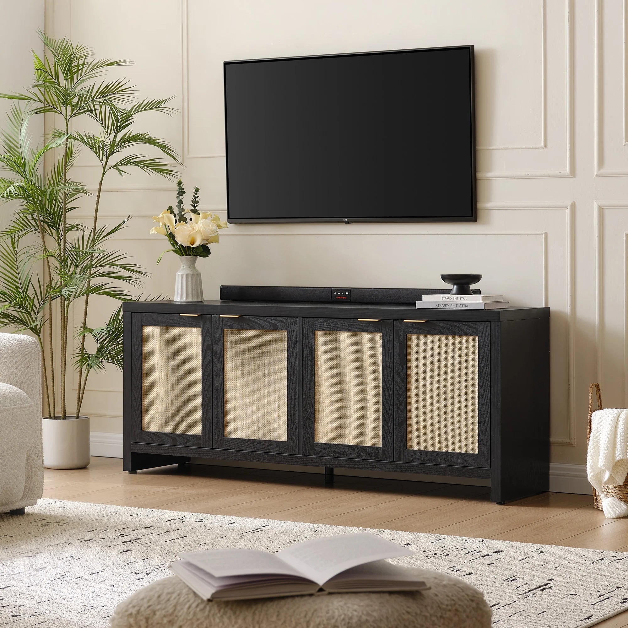 SICOTAS 61.5W Rattan TV Stand with 4 Doors. Boho Entertainment Center with Adjustable Shelves & Spacious Countertop �C Large Boho Farmhouse Media Console for Living Room. Reclaimed Caramel Oak