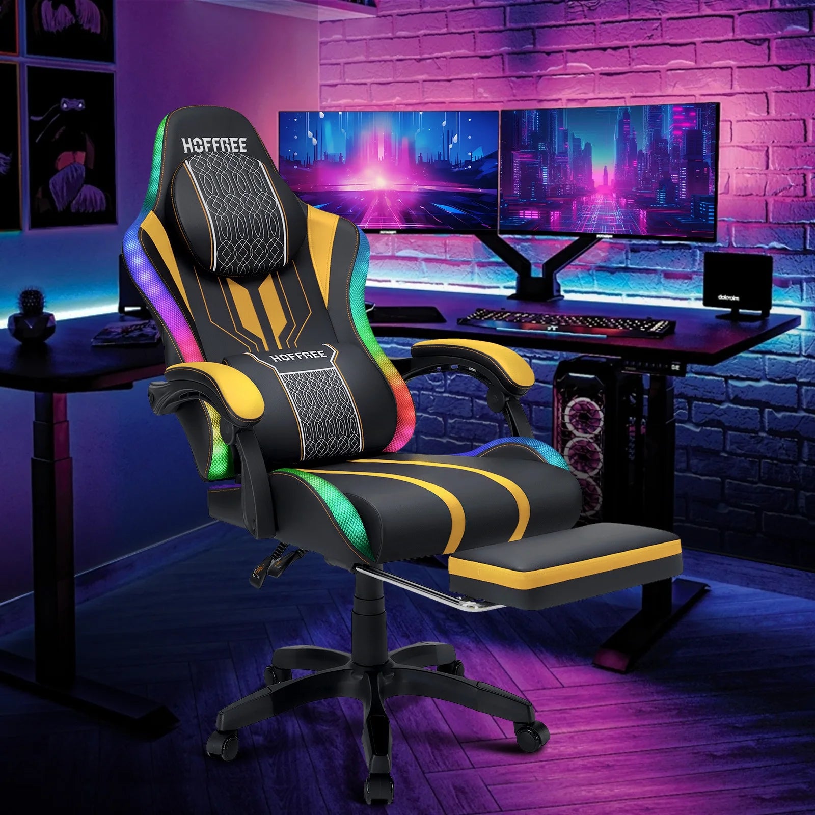 HOFFREE Big and Tall Gaming Chair with Speakers and RGB Lights. Gamer Chair with Footrest. Lumbar Support Height Adjustable 360-Swivel Seat and Headrest for Adults. 400lbs