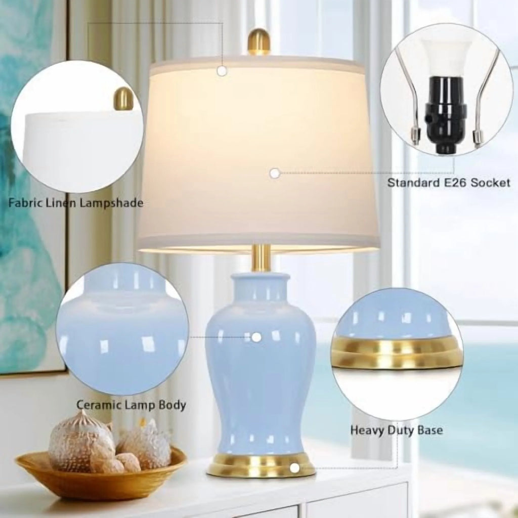 Modern Ceramic Table Lamps Set of 2. 23 White Ceramic Lamps for Living Room. Rustic Farmhouse Bedside Lamp with Ginger Jar Design. Elegant Bedroom Lamp for Nightstand Desk Side End Table Home Decor