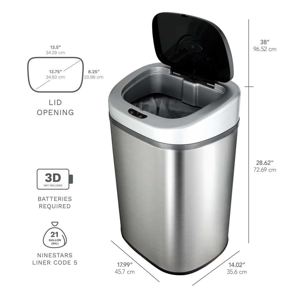 Nine Stars Automatic Trash Can. 21 Gallon Stainless Steel. Motion Sensor Hands Free Soft Close Lid Garbage Bin. Silver