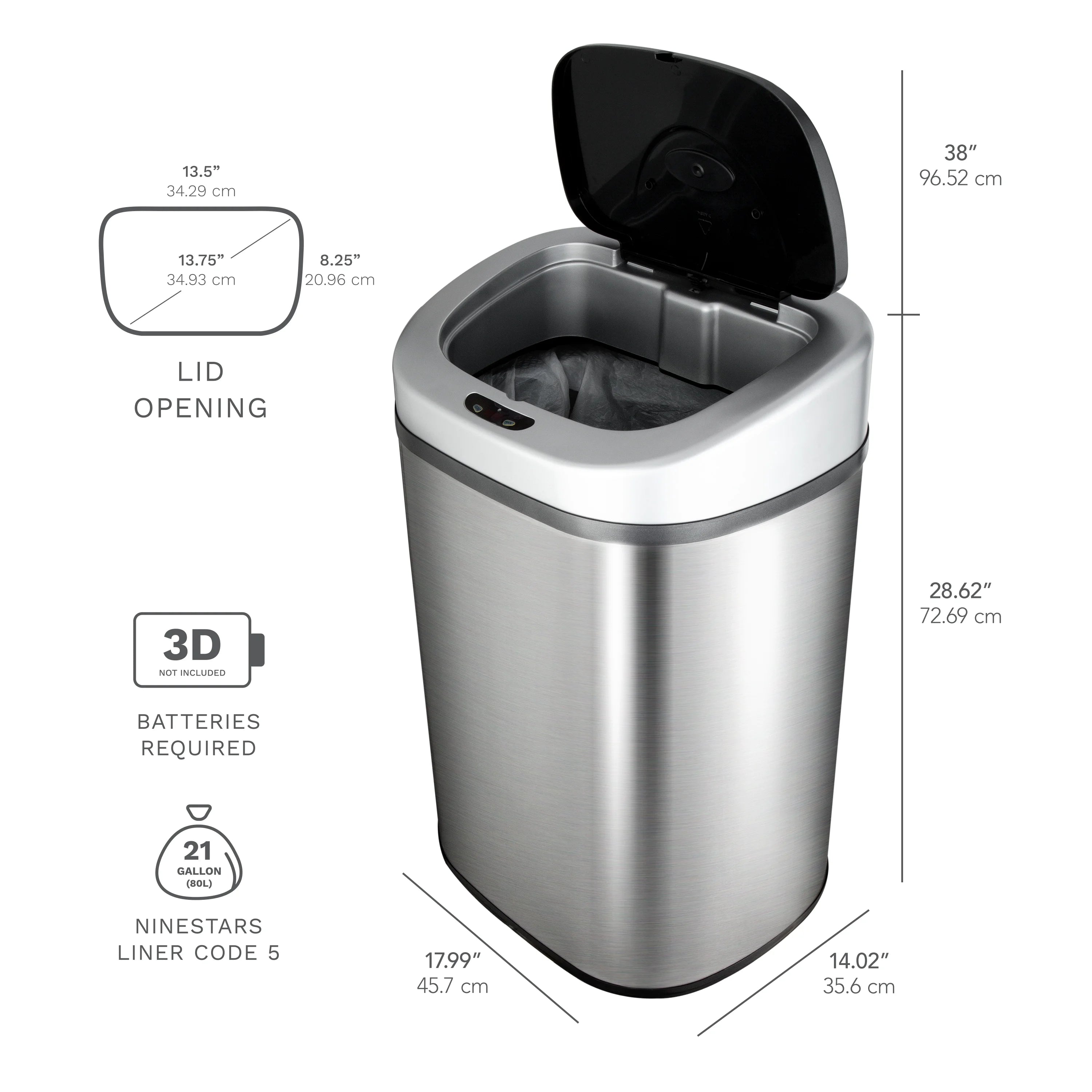 Nine Stars Automatic Trash Can. 21 Gallon Stainless Steel. Motion Sensor Hands Free Soft Close Lid Garbage Bin. Silver