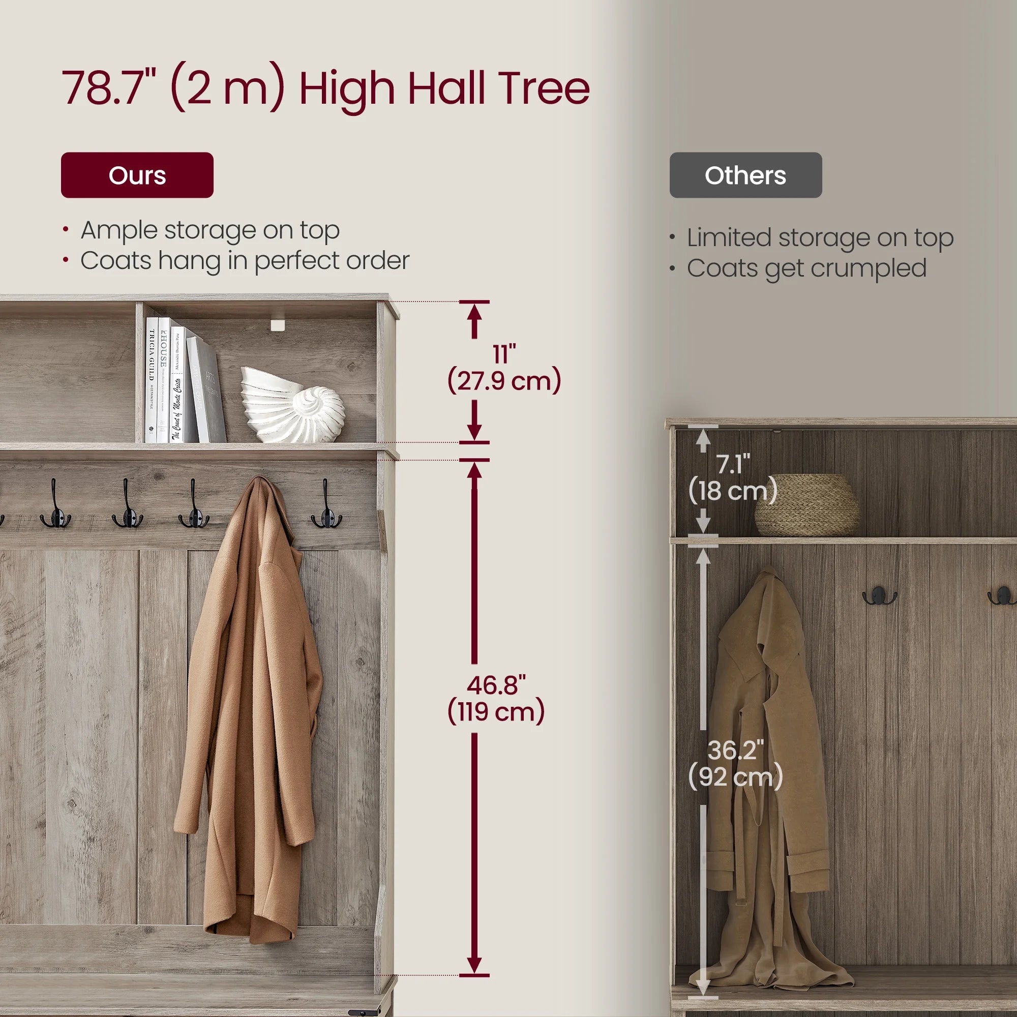 Hall Tree. Coat Rack with Shoe Bench. Entryway Furniture. Tri-Hooks. Rustic White and Honey Brown