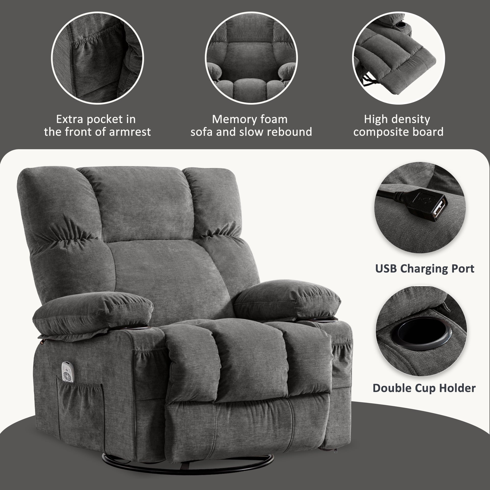 JONPONY Manual Recliner Chair with Heat Therapy and Massage Function. Heavy Duty Reclining Mechanism Massage Chair. Elderly Single Rocker Sofa with Cup Holders for Bedroom Home Theater.Grey