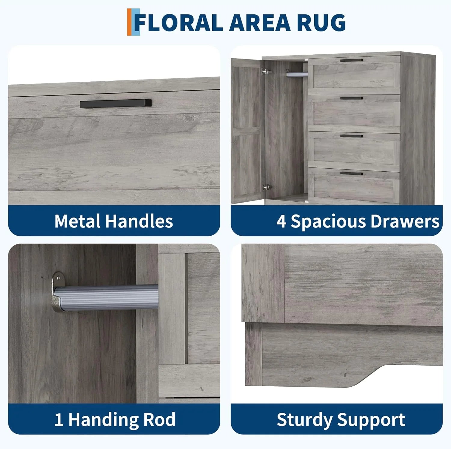 43.3 H Armoire Wardrobe Closet with 4 Drawers & Hanging Rod. Multifunctional Wood Storage Cabinet for Bedroom. Natural Oak