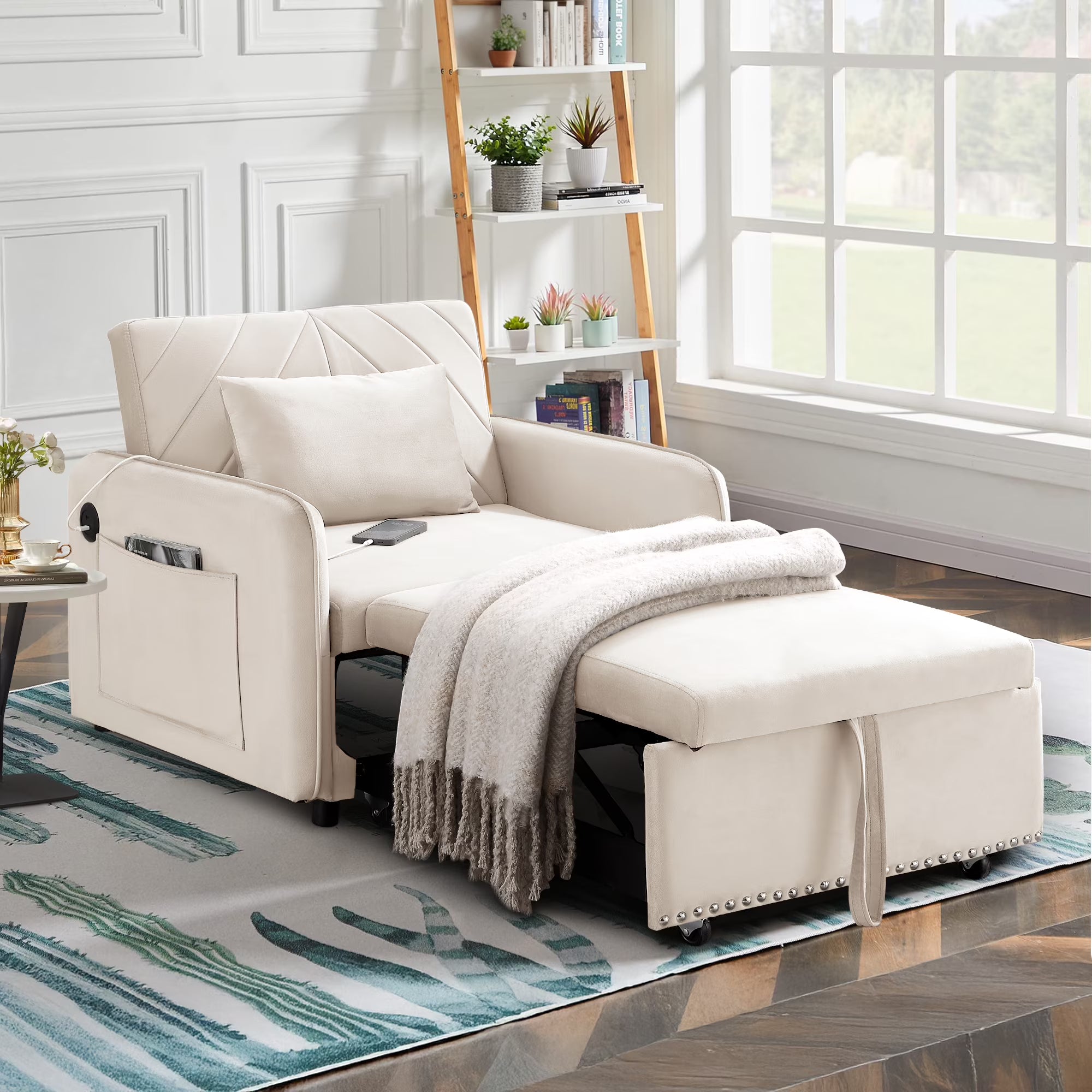 Lunale 3-in-1 Convertible Sleeper Chair Bed. Indoor Lounge Chair with USB/Type-C Charging Ports. Modern Recliner Sofa for Living Room. Gray Velvet