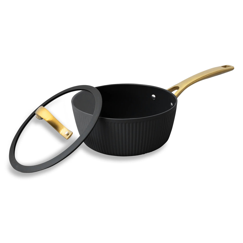 Thyme & Table 12-Piece Nonstick Signature Ribbed Cookware Set. Pots and Pans Set - Black & Gold