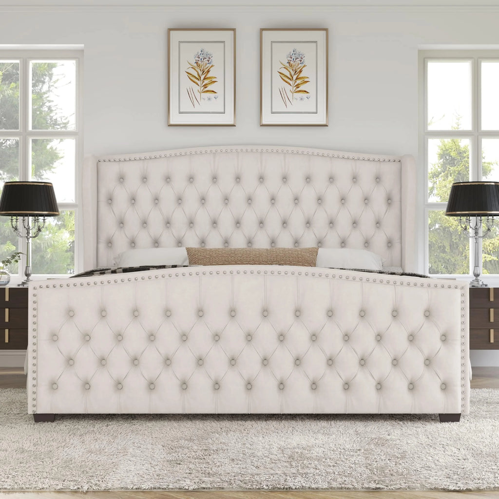 VANACC Queen Size Bed Frame. Velvet Upholstered Bed with Deep Button Tufted Wingback Headboard��Grey