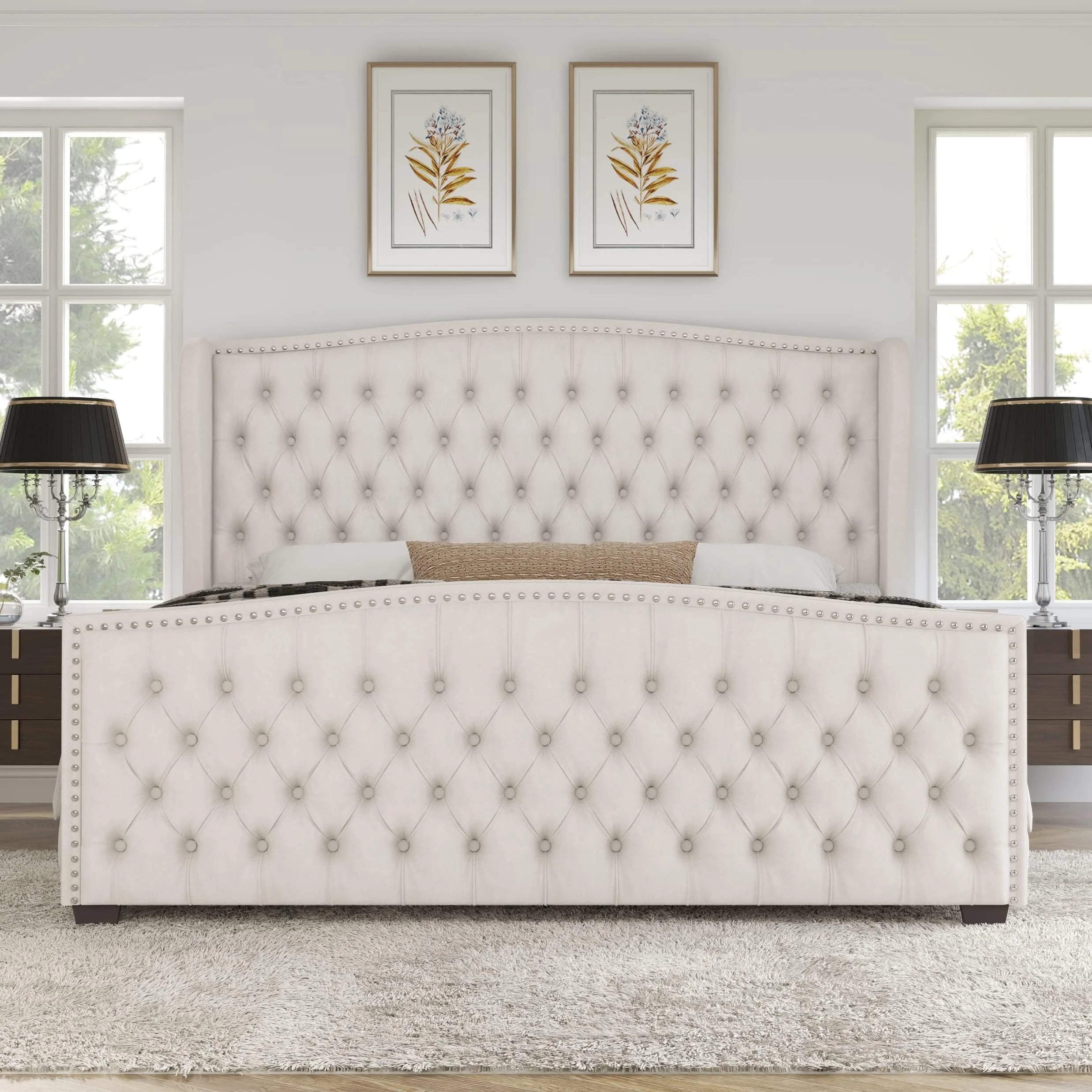 VANACC Queen Size Bed Frame. Velvet Upholstered Bed with Deep Button Tufted Wingback Headboard��Grey