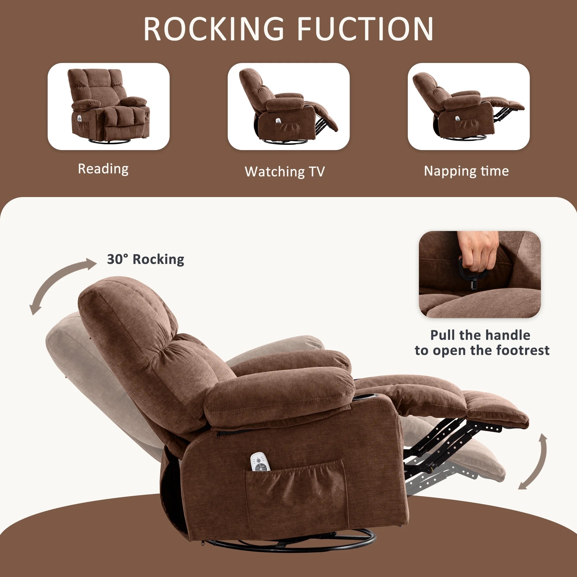 JONPONY Manual Recliner Chair with Heat Therapy and Massage Function. Heavy Duty Reclining Mechanism Massage Chair. Elderly Single Rocker Sofa with Cup Holders for Bedroom Home Theater.Grey