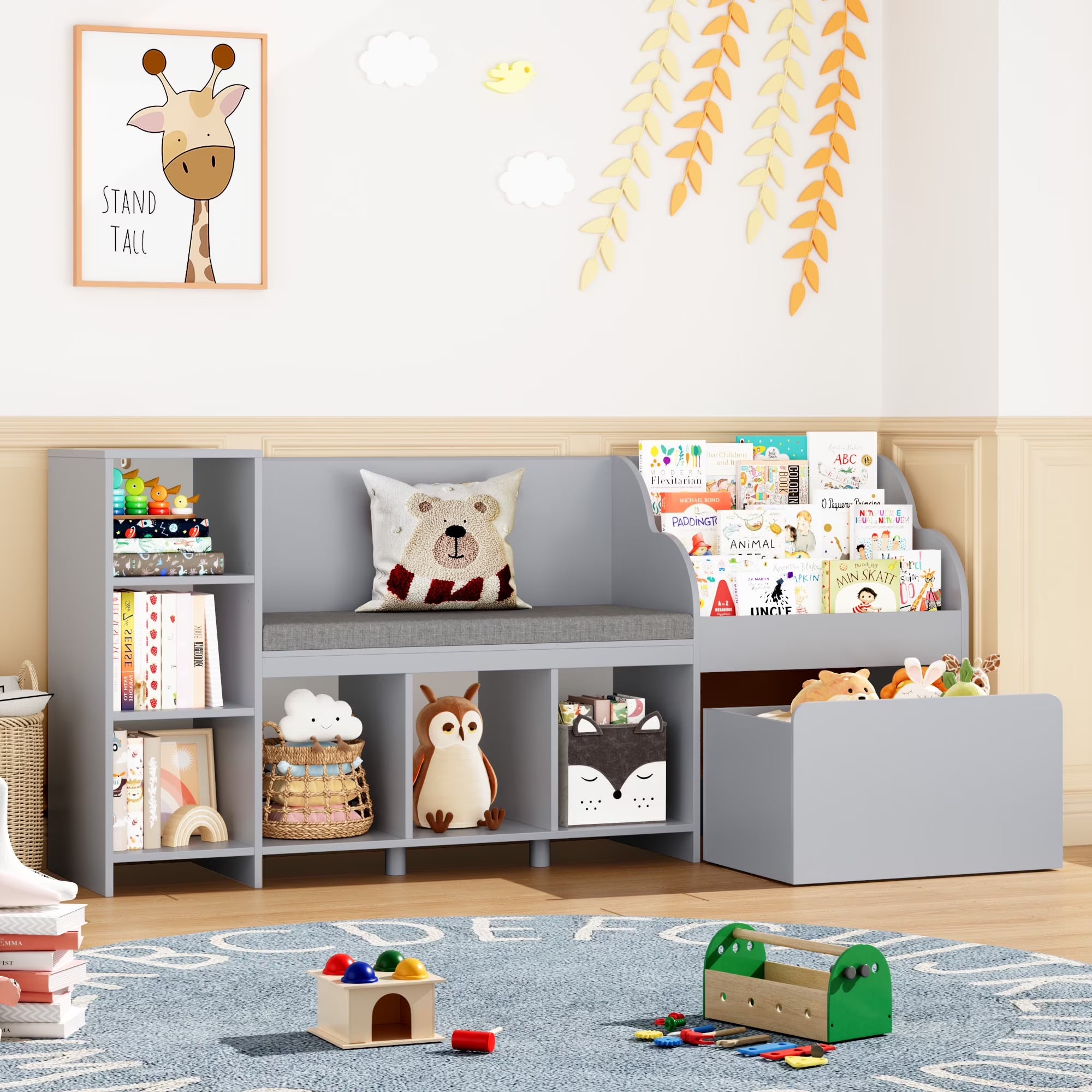 Homfa Kids Bookshelf with Reading Nook. 6 Shelf Bookcase with 1 Wood Toy Bin with 3 Tier Book Rack for Children Kidsroom
