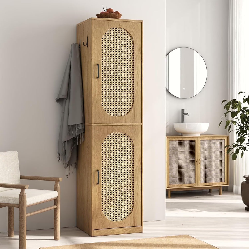 66-Inch Bathroom Storage Cabinet with Rattan Doors.  Bath Room Organizer Floor Cabinets Brown
