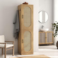 66-Inch Bathroom Storage Cabinet with Rattan Doors.  Bath Room Organizer Floor Cabinets Brown