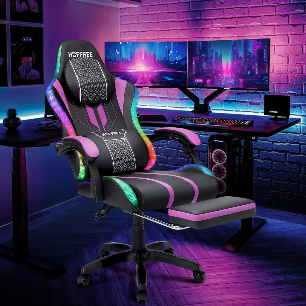 HOFFREE Big and Tall Gaming Chair with Speakers and RGB Lights. Gamer Chair with Footrest. Lumbar Support Height Adjustable 360-Swivel Seat and Headrest for Adults. 400lbs