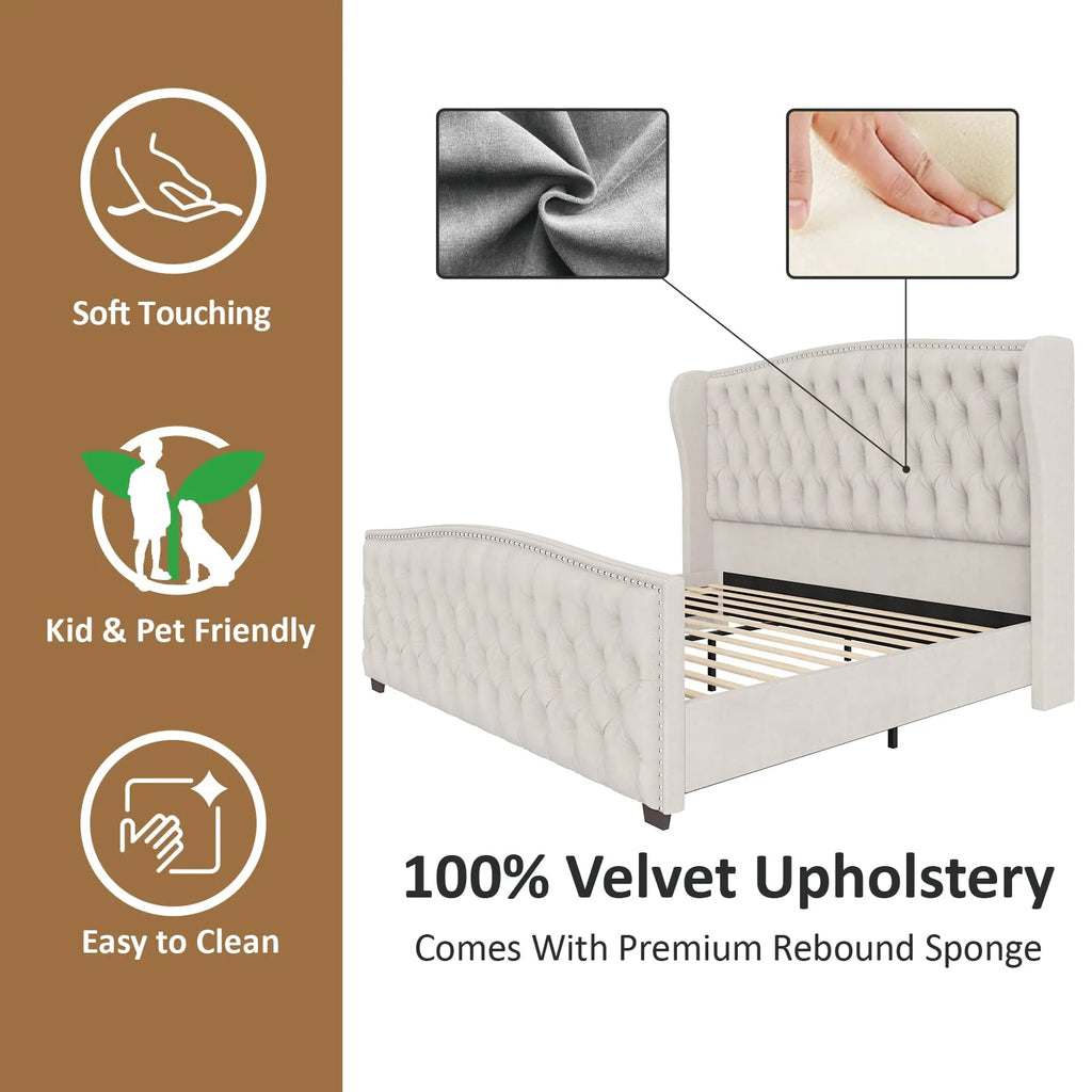 VANACC Queen Size Bed Frame. Velvet Upholstered Bed with Deep Button Tufted Wingback Headboard��Grey