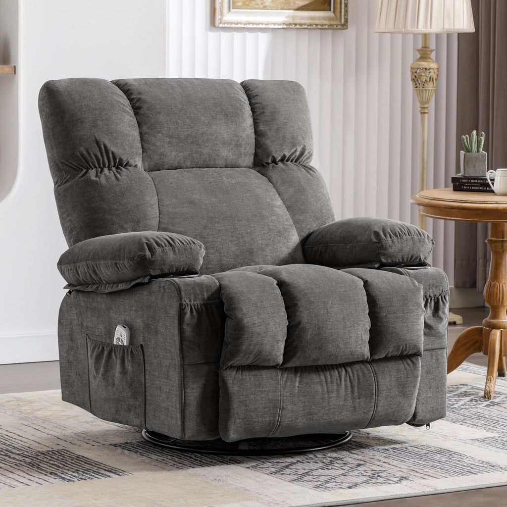 JONPONY Manual Recliner Chair with Heat Therapy and Massage Function. Heavy Duty Reclining Mechanism Massage Chair. Elderly Single Rocker Sofa with Cup Holders for Bedroom Home Theater.Grey