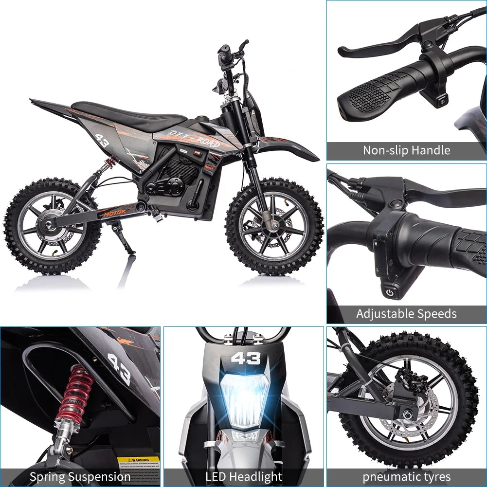 COZONY 36V Kids Electric Dirt Bike.15.5MPH Kids Electric Motorcycle W/ 350W Brushless Motor��LED lights. Air-Filled Tires. Leather Seat.Disc Brake.Max Load 175 Lbs.for Kids Ages 14+ Teenagers. Black