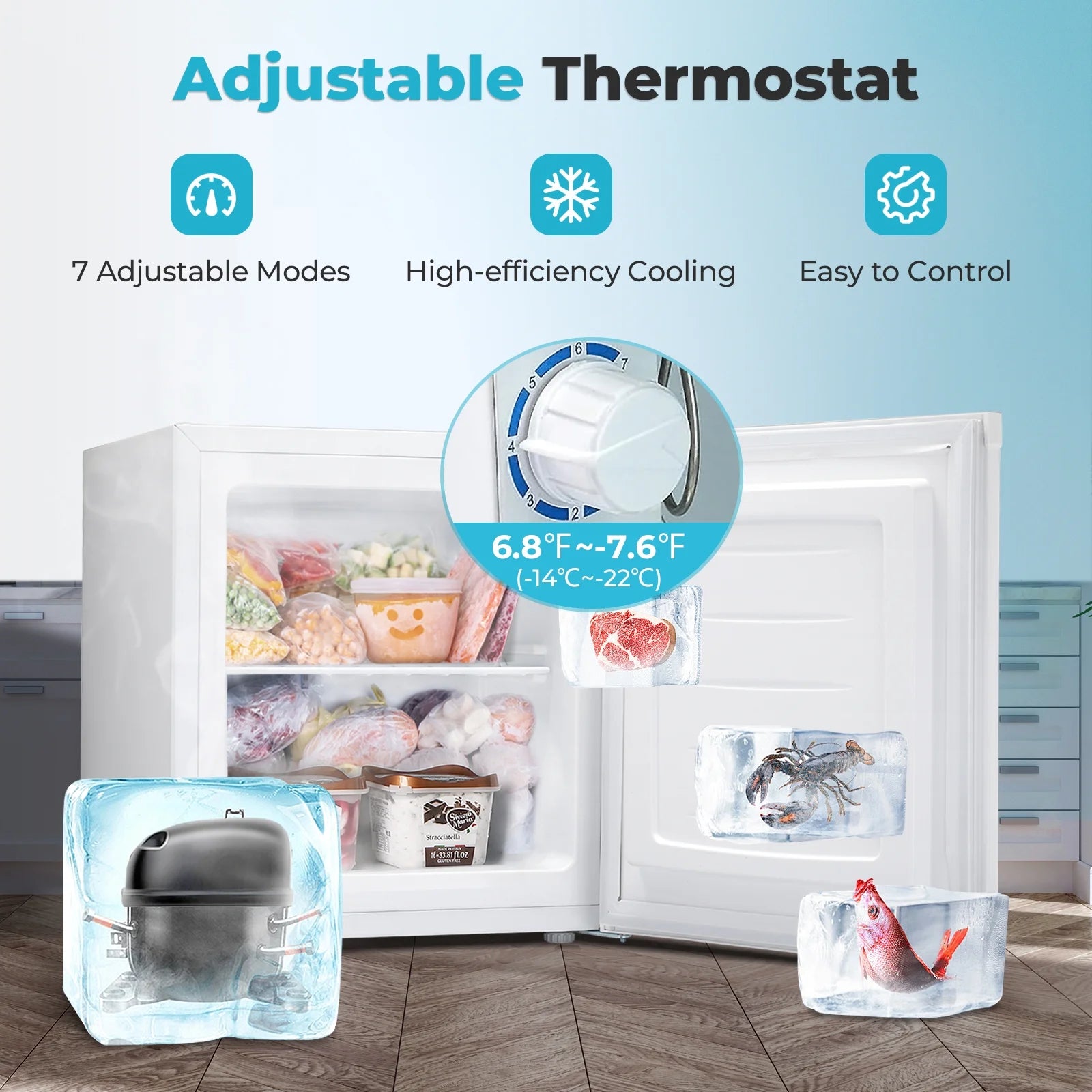 WAA Mini Freezer.1.1 Cu.ft Upright Freezer with Reversible Single Door.Removable Shelves.Small Freezer with Adjustable Thermostat for Home/Kitchen/Office (White)