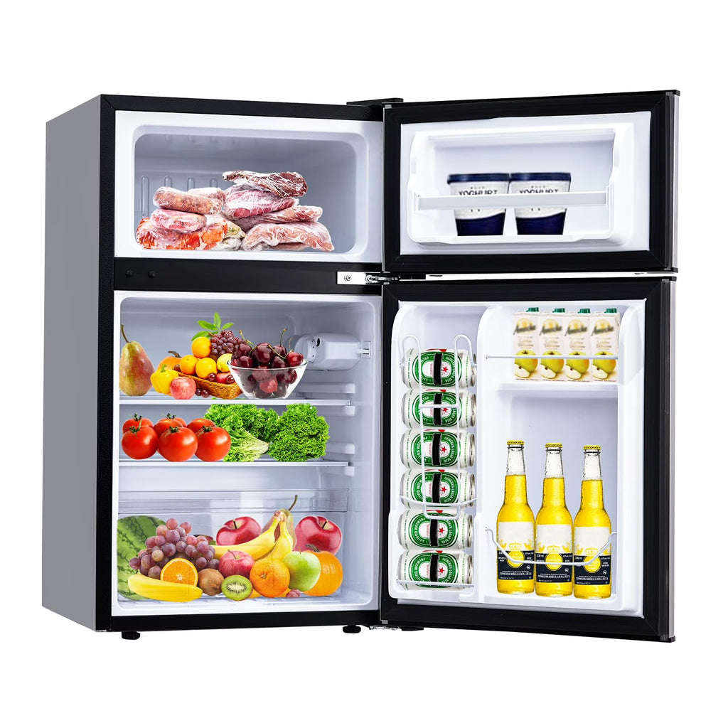 3.2 Cu. Ft Mini Fridge with Freezer. Small Refrigerators Double Door Stainless Steel. 5 Adjustable Thermostat Settings. Compact Internal Freezer with Crisper Drawer for Apartment Dorm. Silver