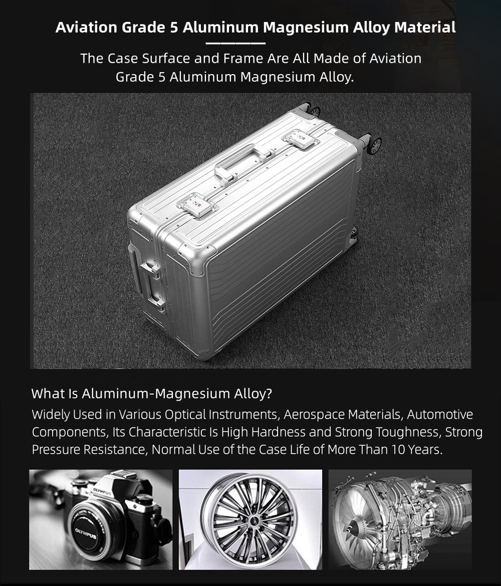 All Aluminum Magnesium Hardshell Carry on Luggage with Wheels. Modern Zipperless Hardshell Checked Luggage with TSA Lock. Airline Approved Metal Suitcase Travel Metal Rolling Luggage
