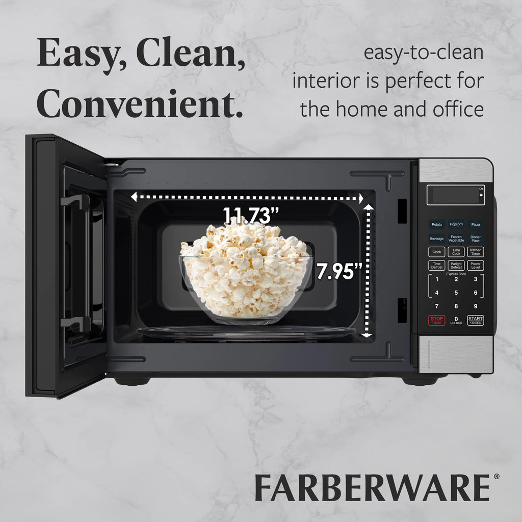 Farberware Countertop Microwave Ov 1100 Watts. 2.2 cu ft - Smart Sensor With LED Lighting and Child Lock - Perfect for Apartments and Dorms - Easy Clean Black Interior. Stainless Steel