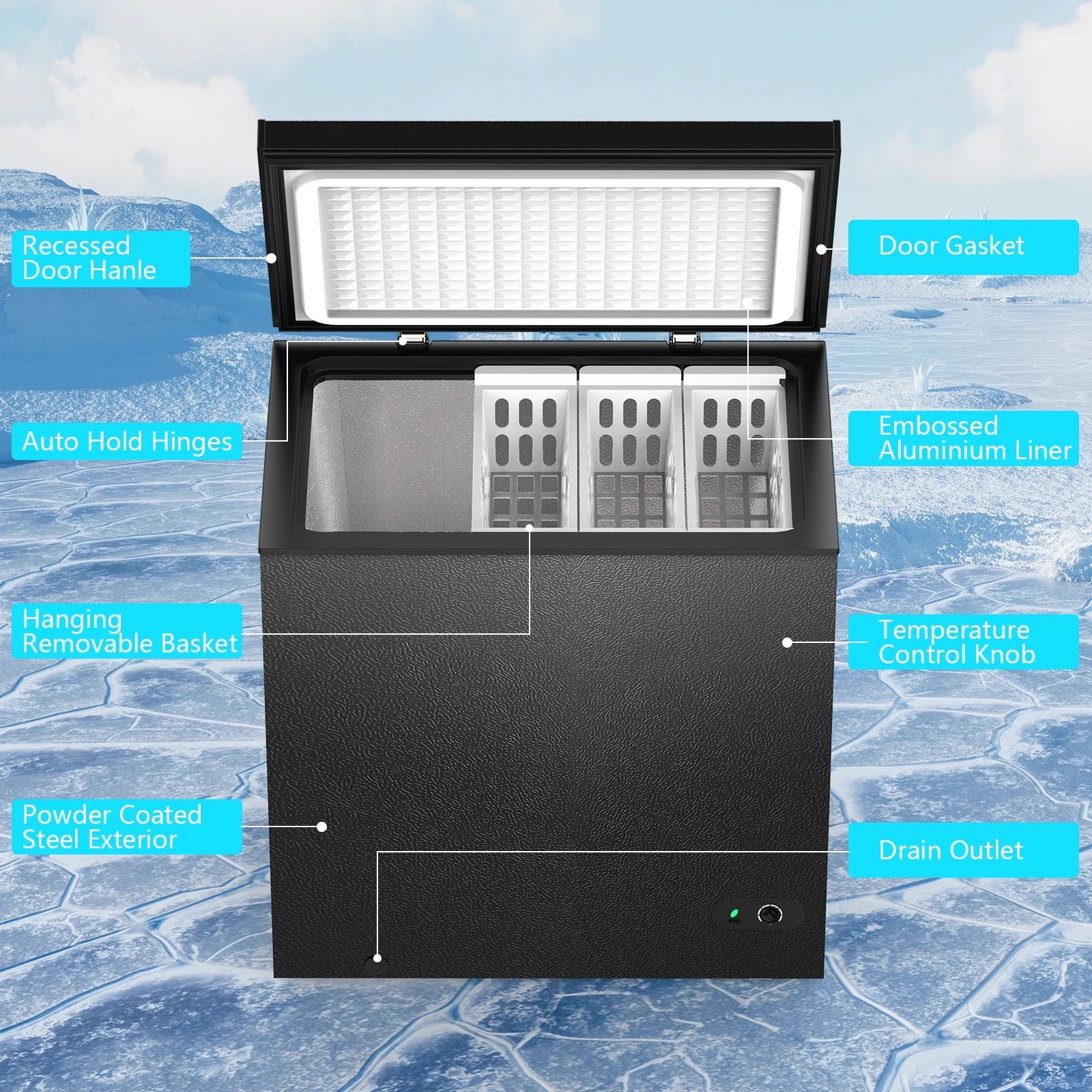 KNDKO 7.0 cu.ft. Chest Freezer with Adjustable Temperature. Free Standing Top Open Door Compact Freezer with Removable Basket for Kitchen/Home/Bar/Garage/Office