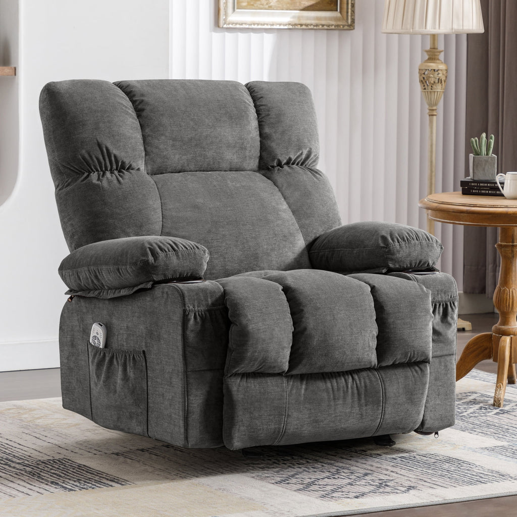 JONPONY Manual Recliner Chair with Heat Therapy and Massage Function. Heavy Duty Reclining Mechanism Massage Chair. Elderly Single Rocker Sofa with Cup Holders for Bedroom Home Theater.Grey