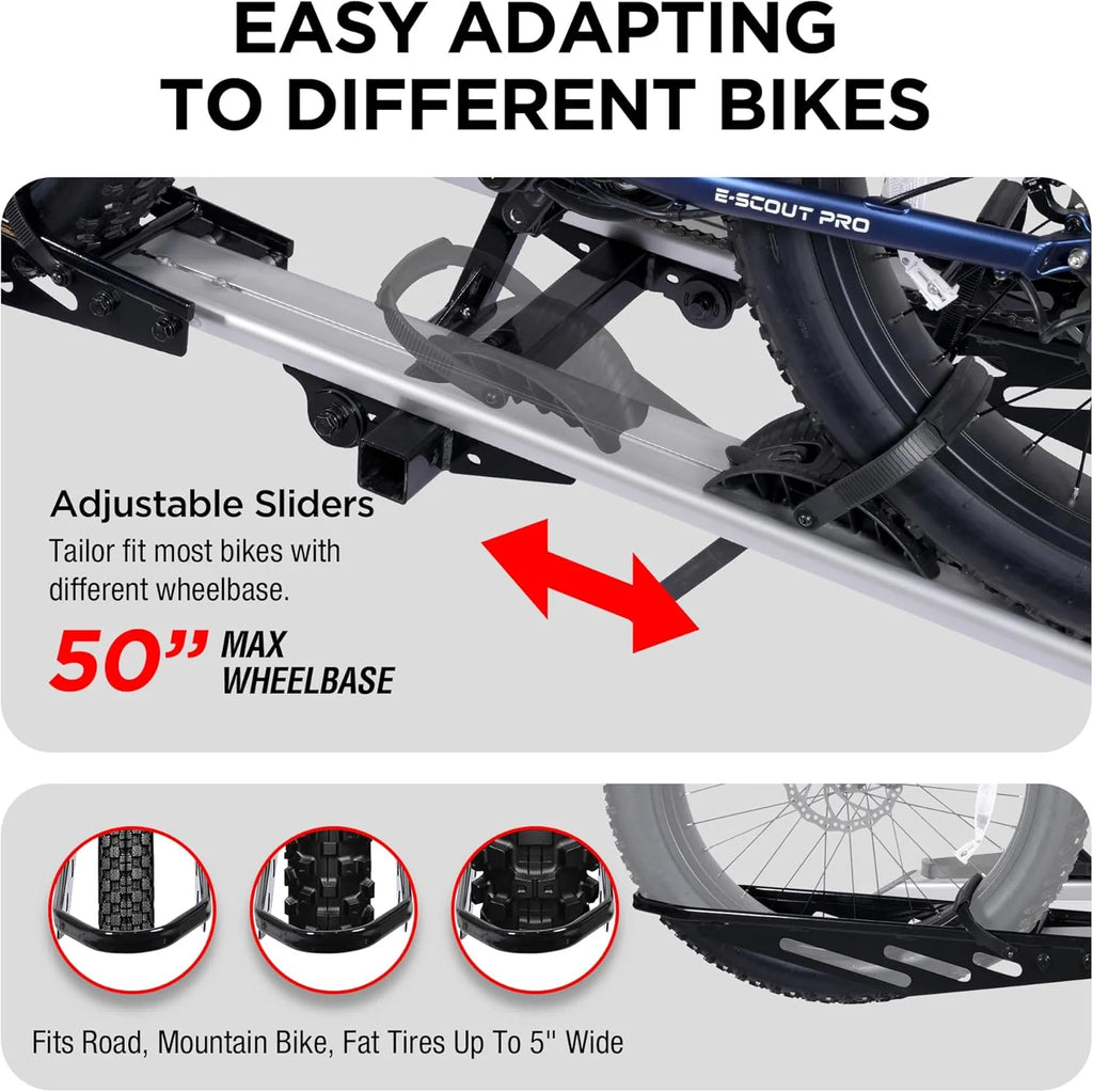 Young Electric Ebike Rack. 200lb Capacity. Alloy Steel Hitch Mount. Fits 5-Inch Fat Tire Bikes. 2-Inch Receiver