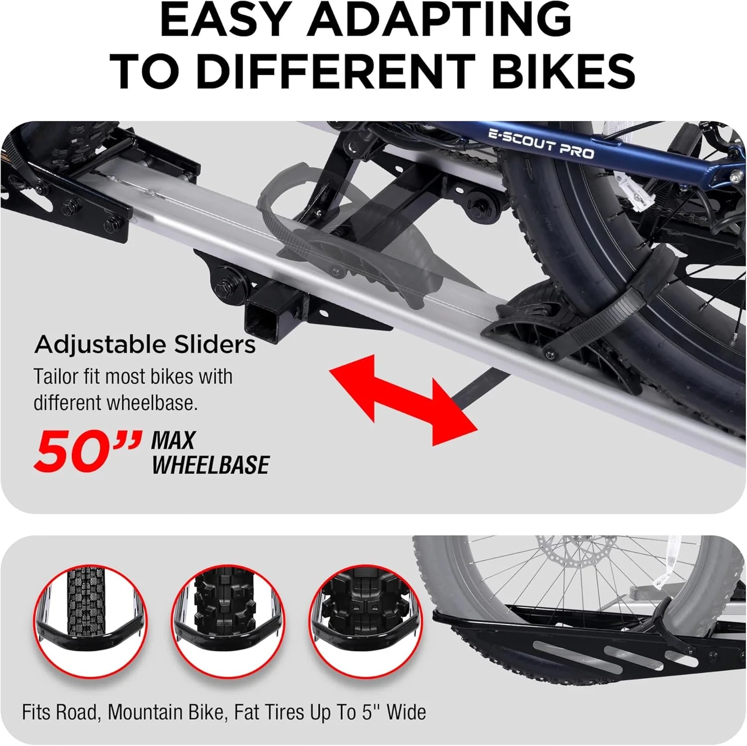 Young Electric Ebike Rack. 200lb Capacity. Alloy Steel Hitch Mount. Fits 5-Inch Fat Tire Bikes. 2-Inch Receiver