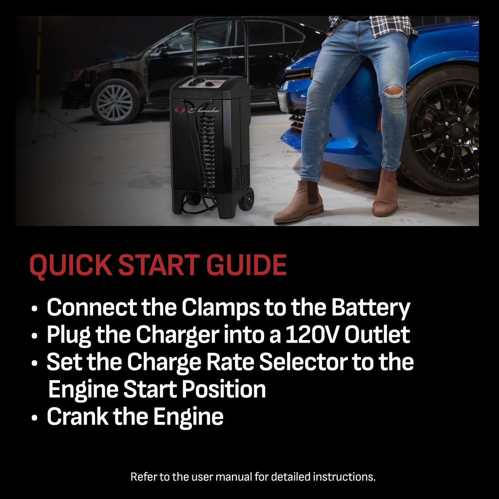 Schumacher Electric Wheeled Manual 10A Car Battery Charger and 200A Engine Starter. 40A Boost. 6V/12V Sport. Auto. and Marine Batteries. SC1446