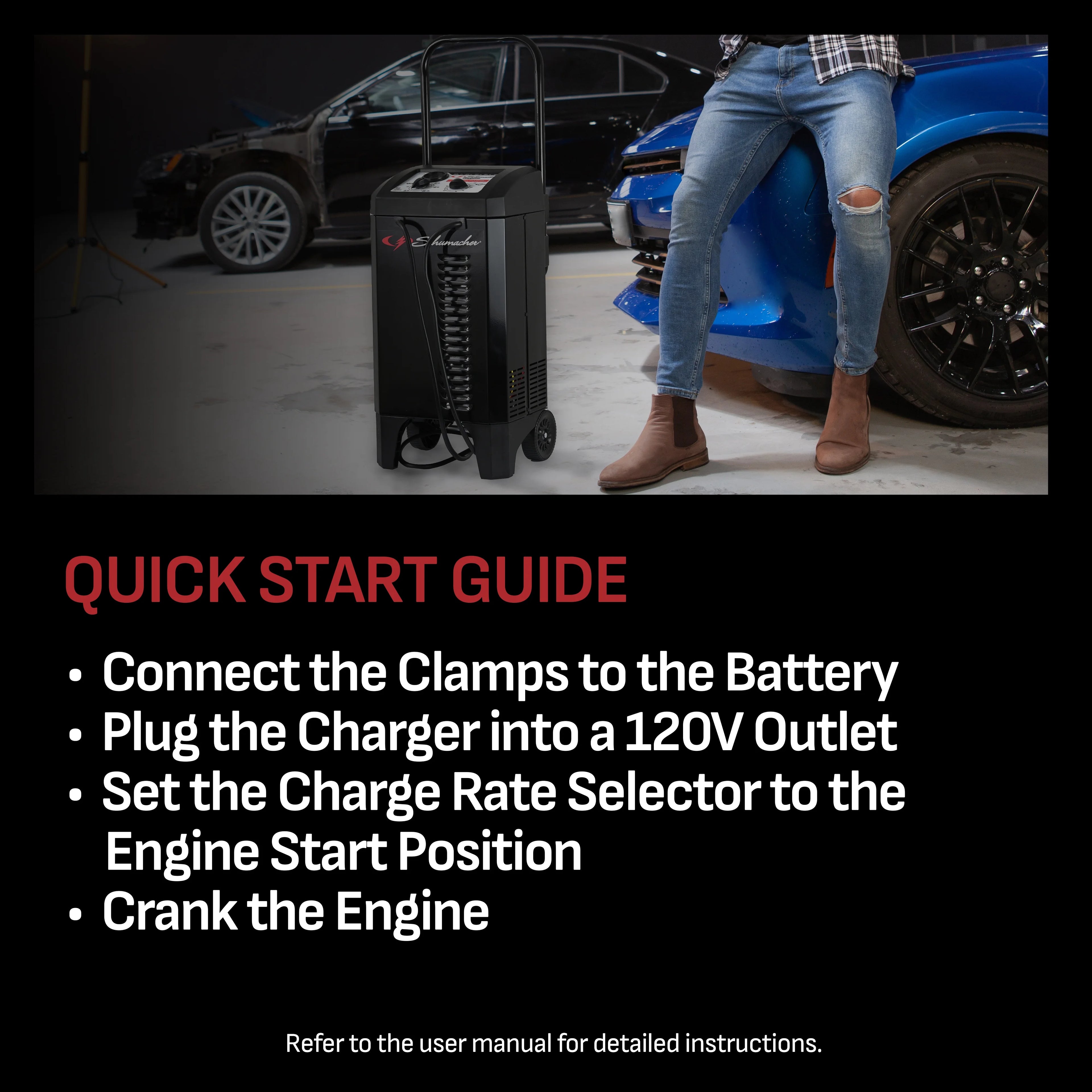 Schumacher Electric Wheeled Manual 10A Car Battery Charger and 200A Engine Starter. 40A Boost. 6V/12V Sport. Auto. and Marine Batteries. SC1446