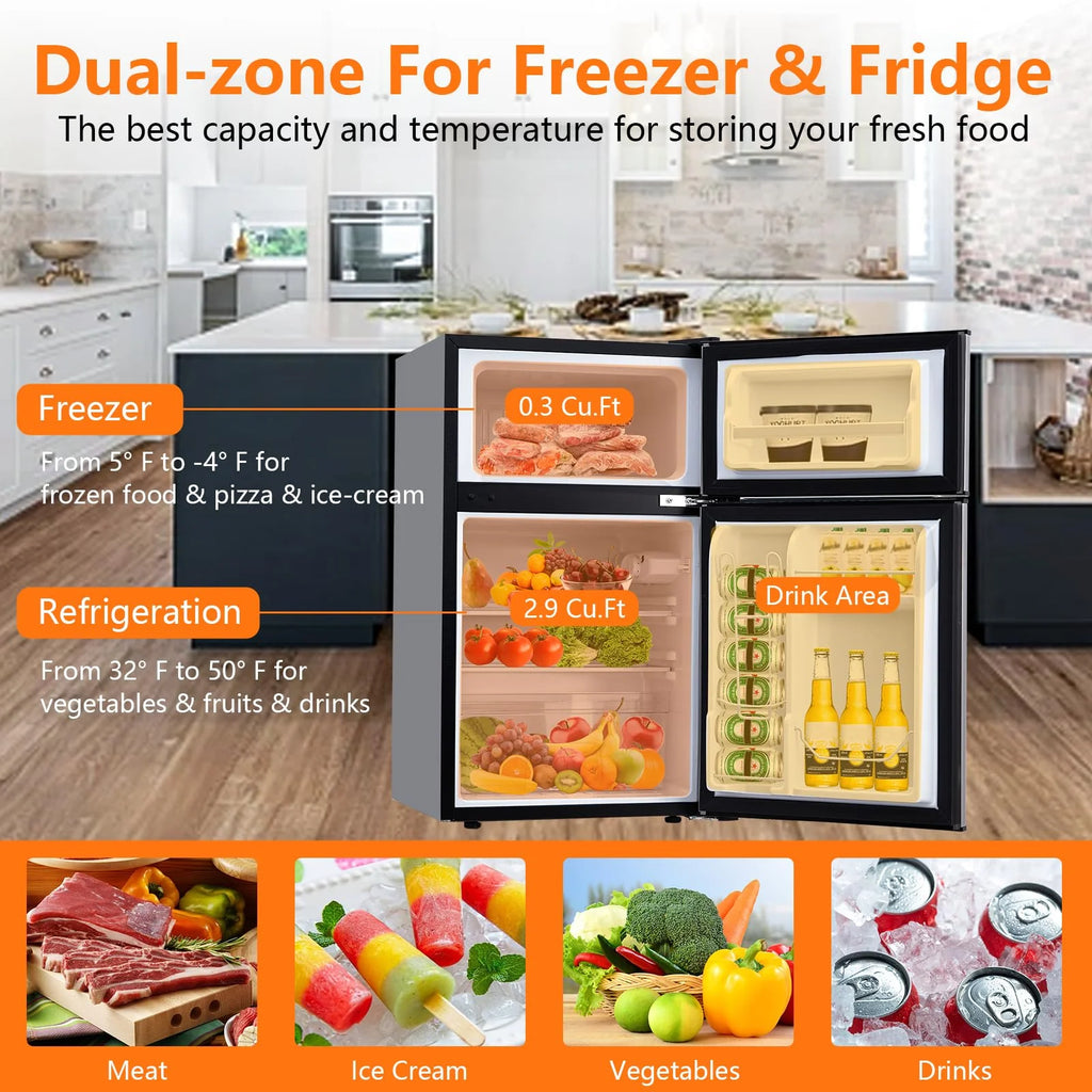 3.2 Cu. Ft Mini Fridge with Freezer. Small Refrigerators Double Door Stainless Steel. 5 Adjustable Thermostat Settings. Compact Internal Freezer with Crisper Drawer for Apartment Dorm. Silver