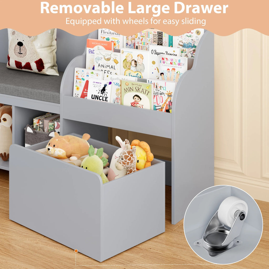 Homfa Kids Bookshelf with Reading Nook. 6 Shelf Bookcase with 1 Wood Toy Bin with 3 Tier Book Rack for Children Kidsroom