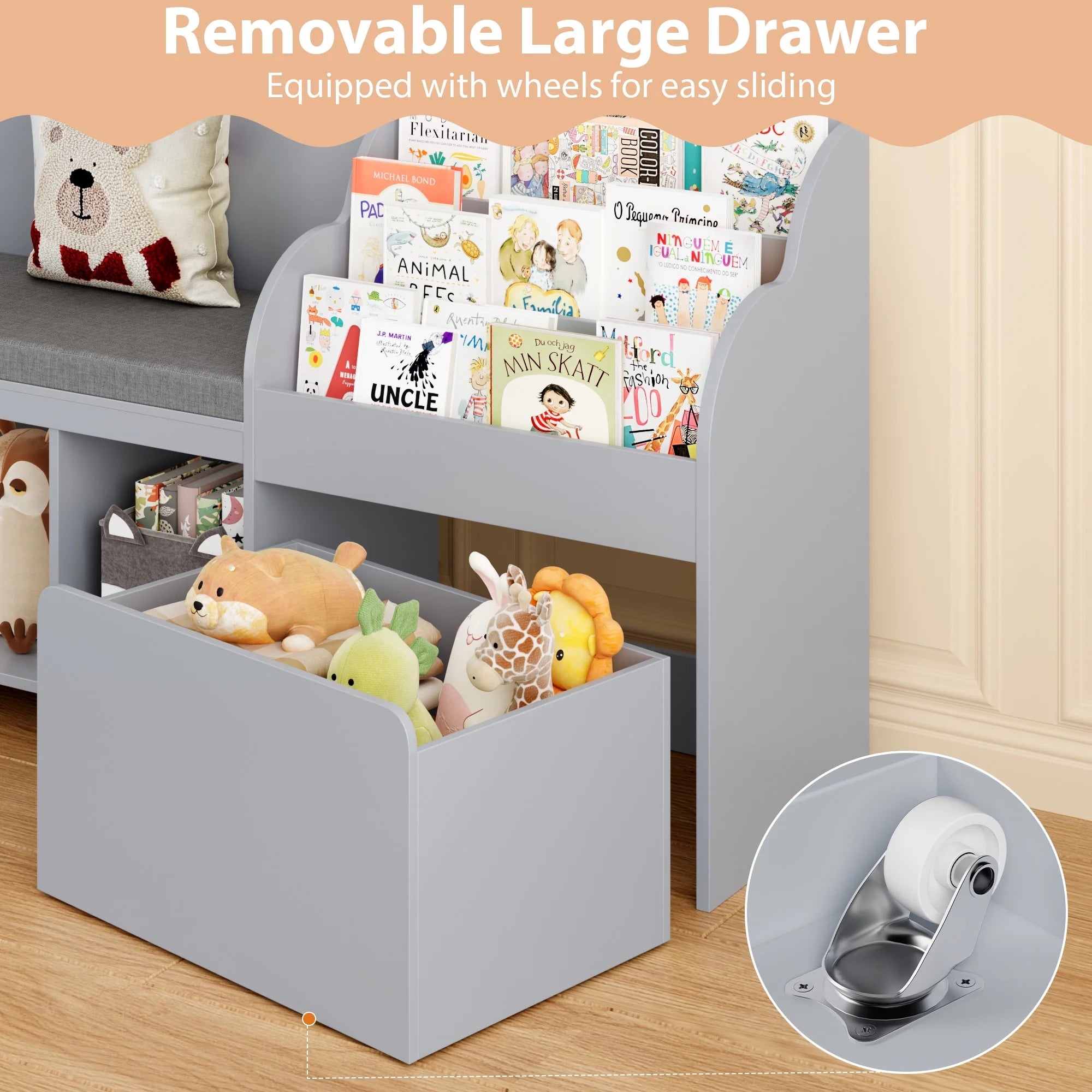 Homfa Kids Bookshelf with Reading Nook. 6 Shelf Bookcase with 1 Wood Toy Bin with 3 Tier Book Rack for Children Kidsroom