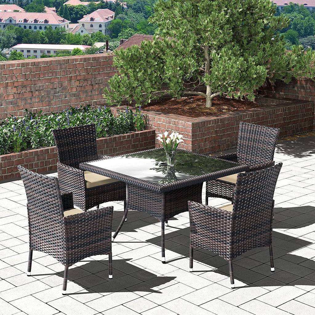 ALAULM 5 Pieces Patio Dining Set Outdoor Rattan Furniture with Square Glass Tabletop 4 Chairs with Cushions for Patio. Backyard Outdoor Kitchen Lawn & Garden Blue