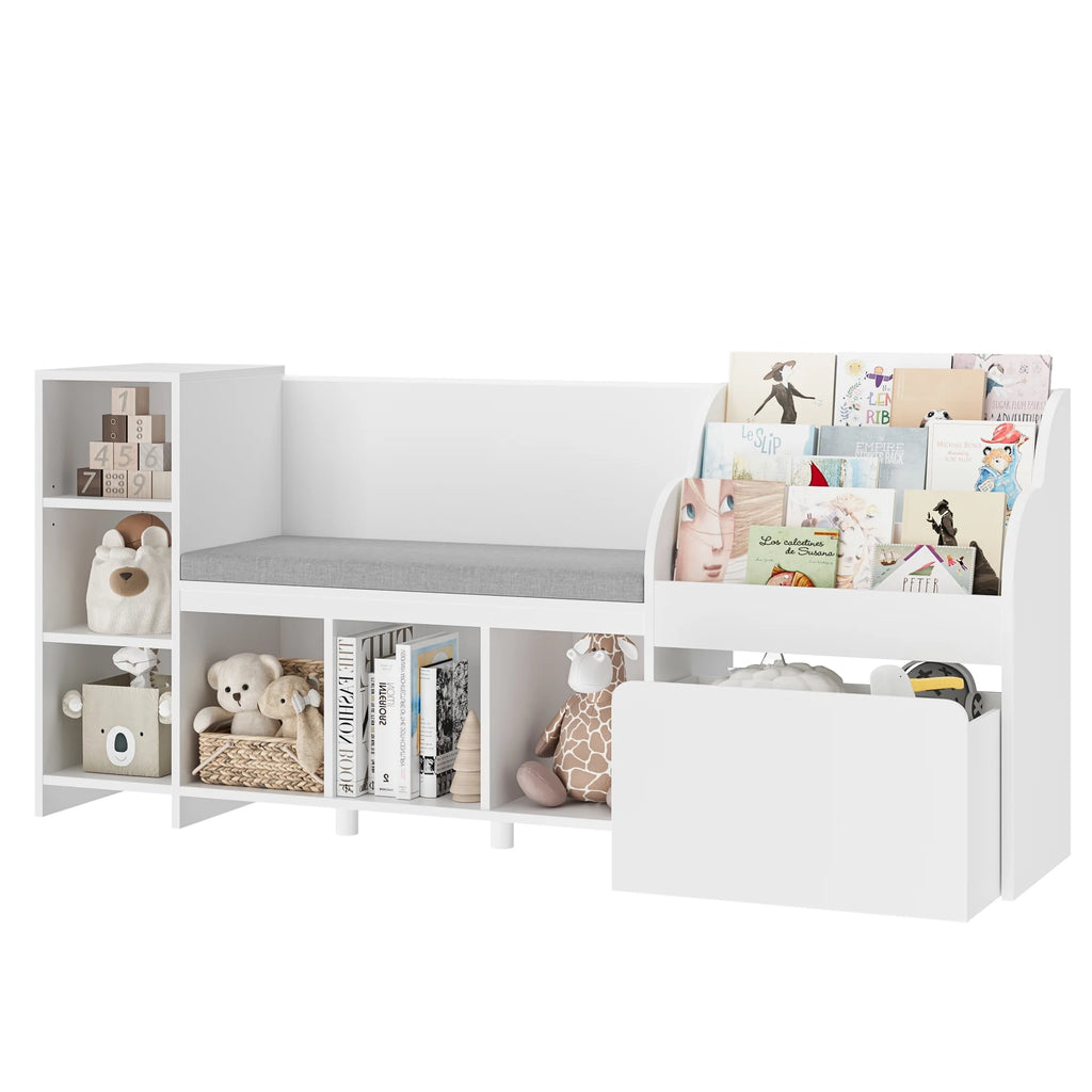 Homfa Kids Bookshelf with Reading Nook. 6 Shelf Bookcase with 1 Wood Toy Bin with 3 Tier Book Rack for Children Kidsroom