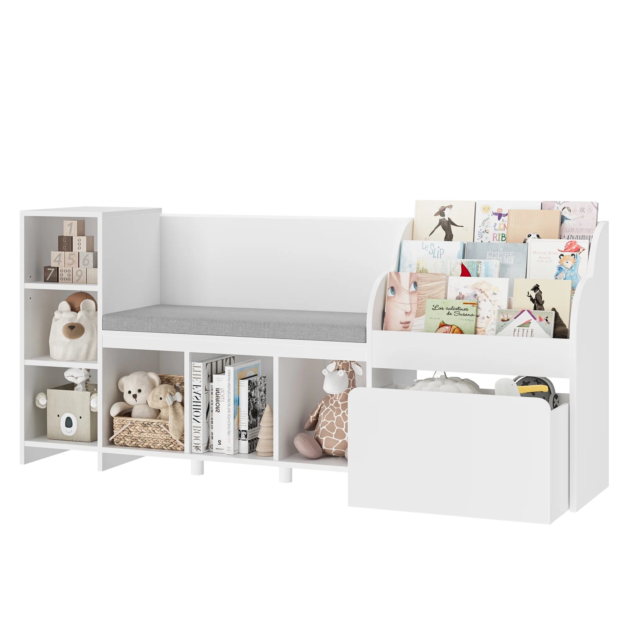 Homfa Kids Bookshelf with Reading Nook. 6 Shelf Bookcase with 1 Wood Toy Bin with 3 Tier Book Rack for Children Kidsroom