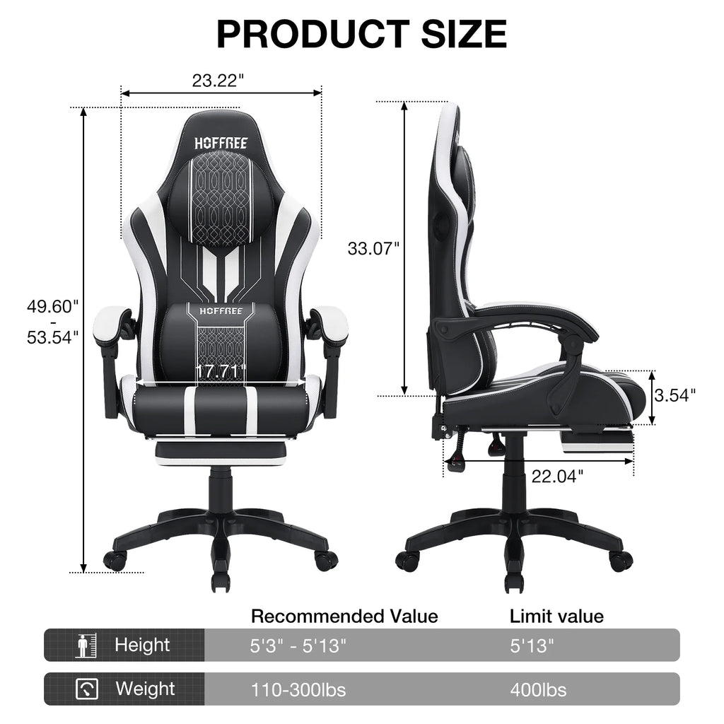 HOFFREE Big and Tall Gaming Chair with Speakers and RGB Lights. Gamer Chair with Footrest. Lumbar Support Height Adjustable 360-Swivel Seat and Headrest for Adults. 400lbs